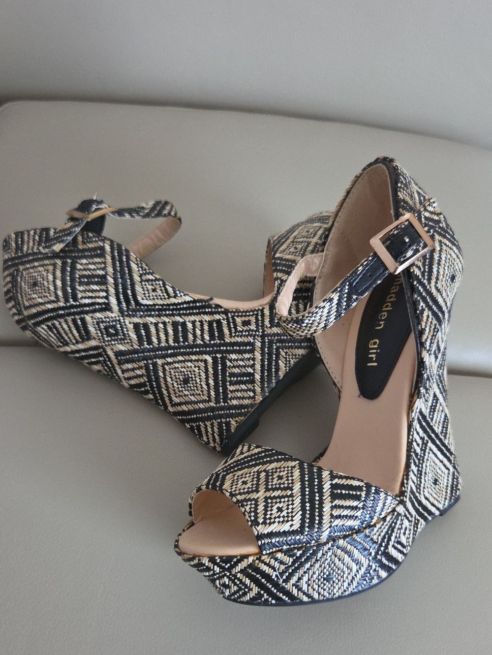 Madden Girl Black and Beige Geometric Ankle-Strap Heels Size 6.5